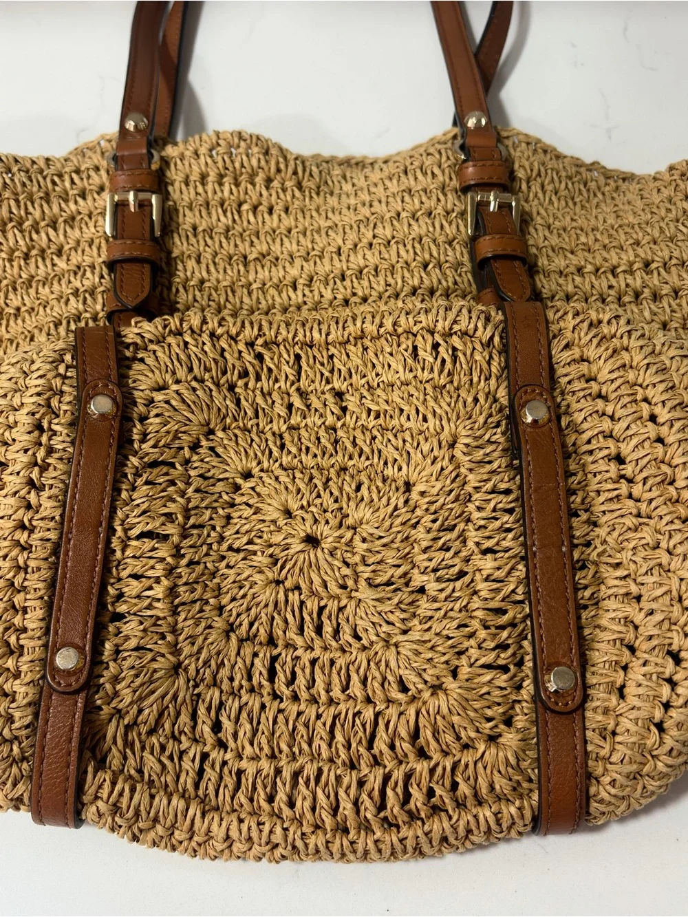 Michael Kors Santorini Studded Woven/Straw Tote w/Brown Leather Straps Like New - Picture 4 of 12